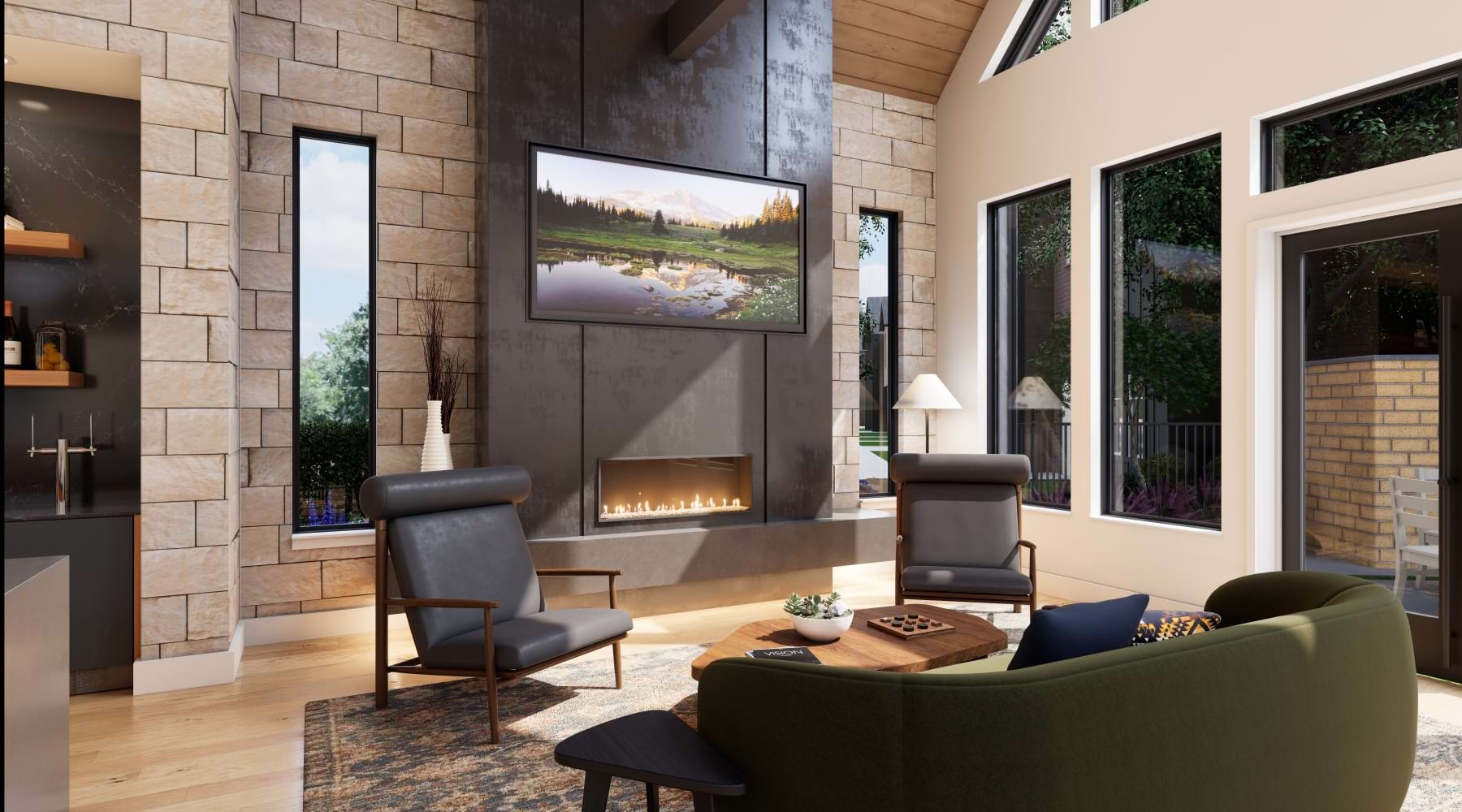 lounge with seating tv and fireplace
